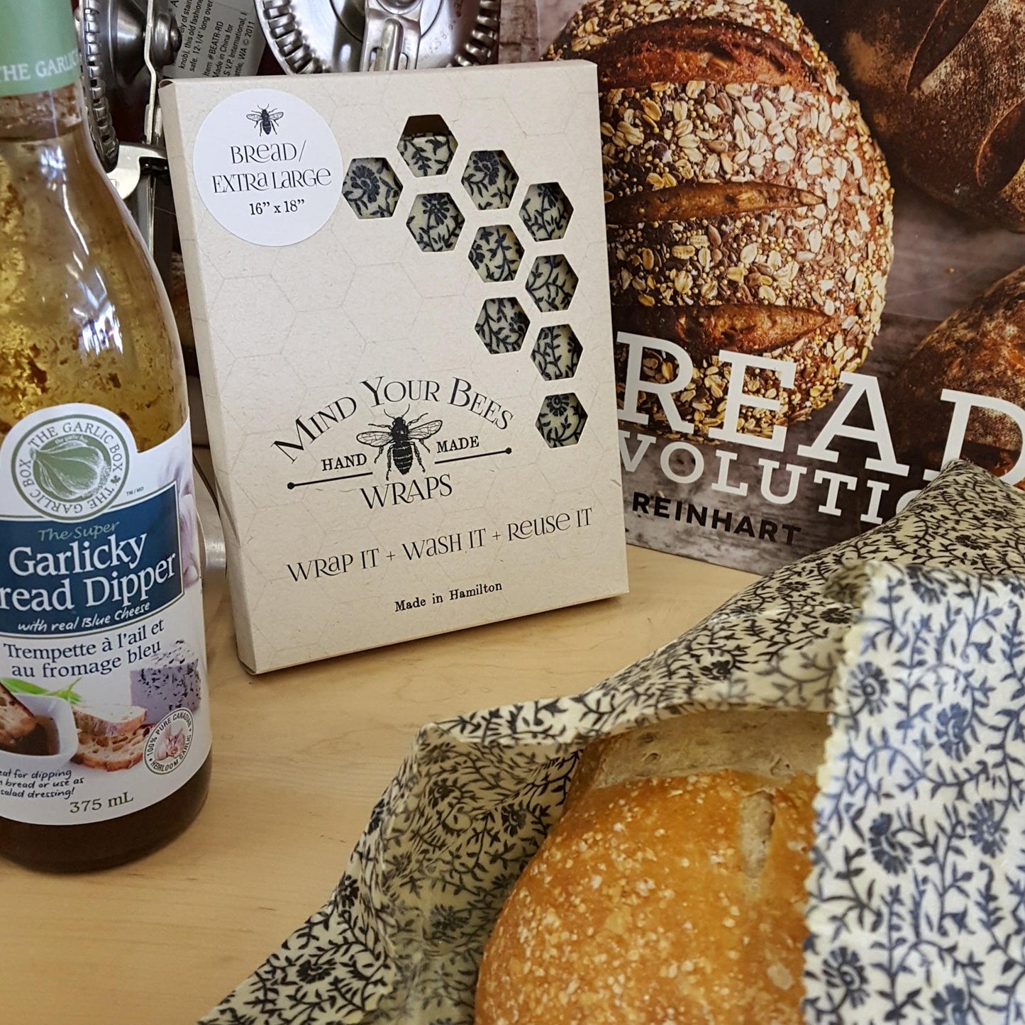 Extra large Mind Your Bees Bread Wrap, recipe book and bread dip